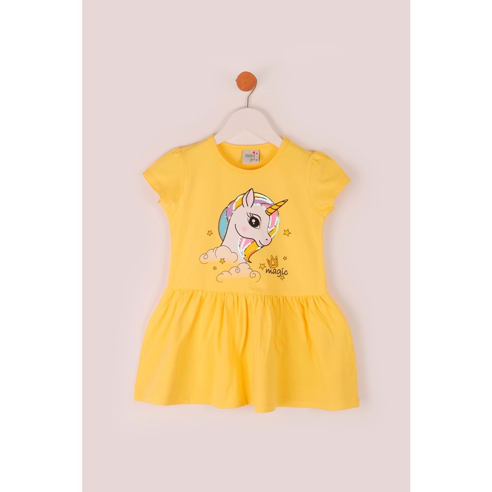 Kız Çocuk Elbise Magic Unicorn Baskılı - Sarı (98/122)