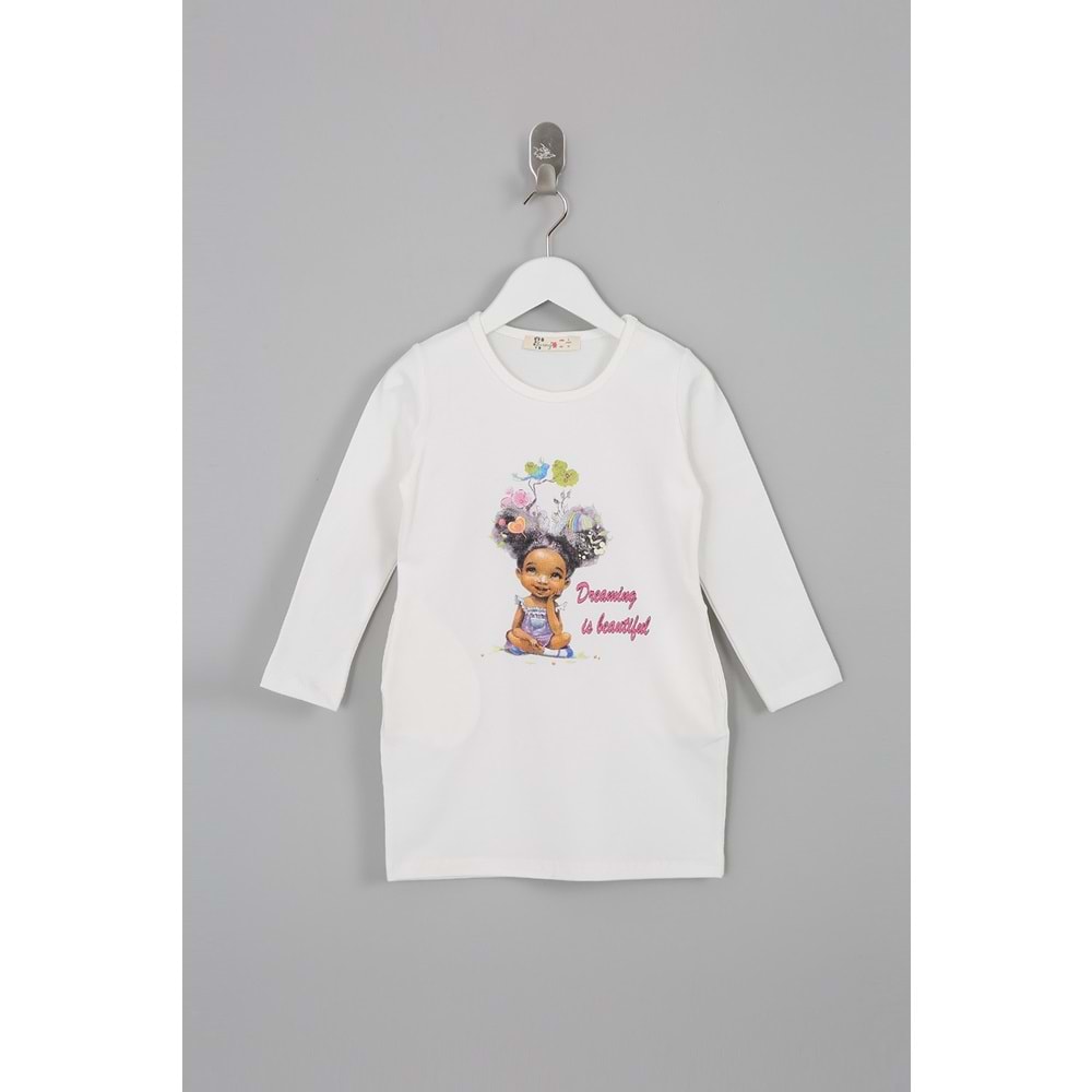 Kız Çocuk Elbise Kız Baskılı - Krem (92/116)