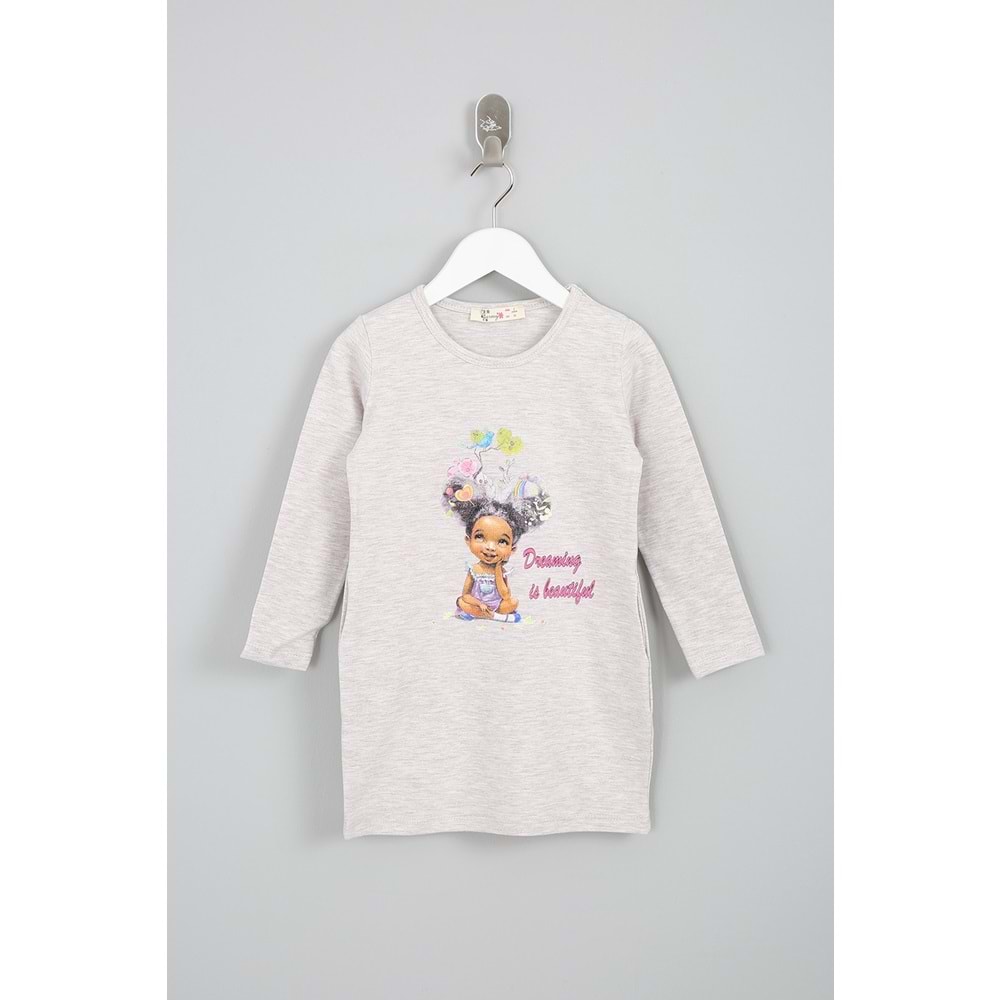 Kız Çocuk Elbise Kız Baskılı - Kahve Melanj (92/116)