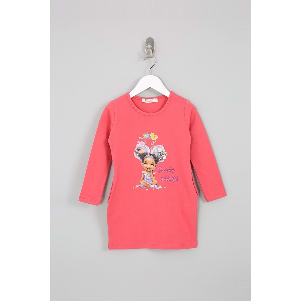 Kız Çocuk Elbise Kız Baskılı - Koyu Fuşya (92/116)