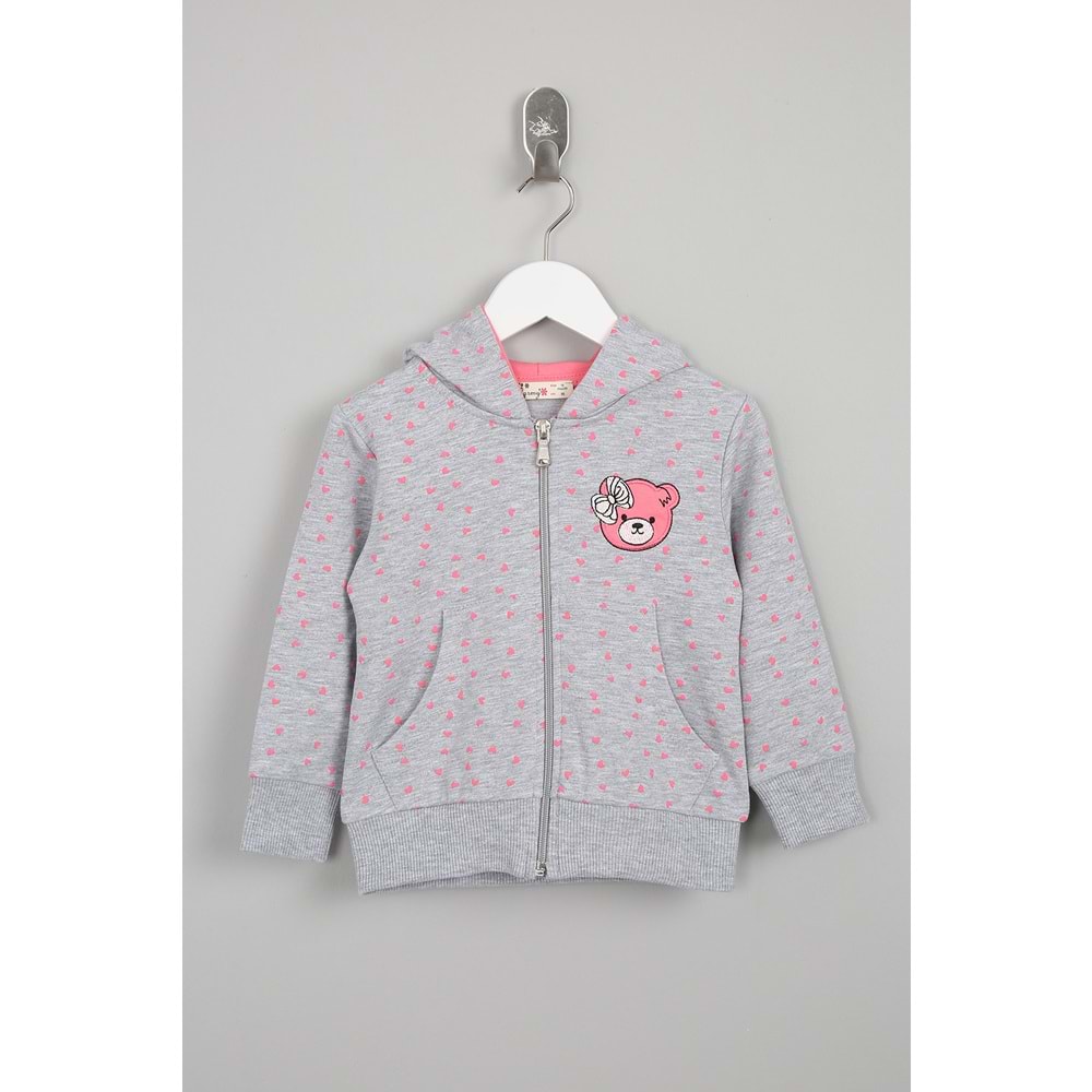 Kız Çocuk Hırka Çiçekli Ayıcık Nakışlı - Gri (86/110)