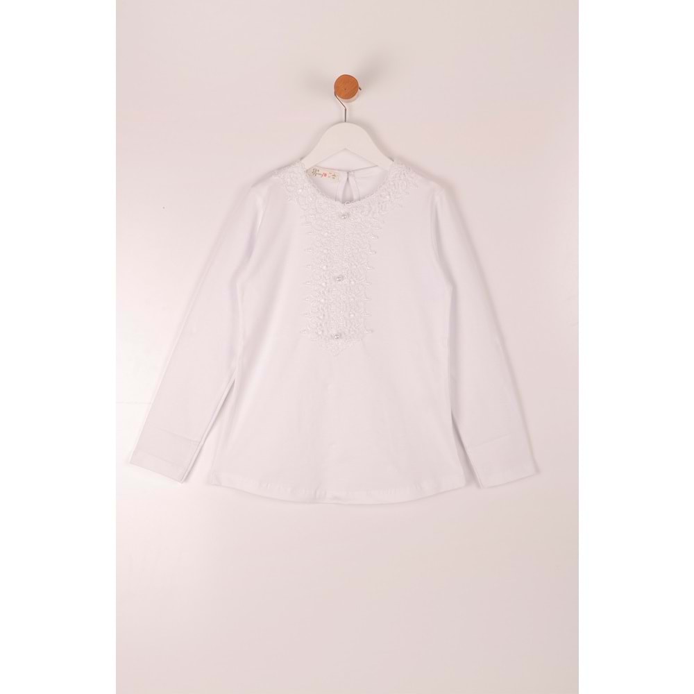 Kız Çocuk Okul Tişört Dantelli Yaka - Beyaz (128/152)