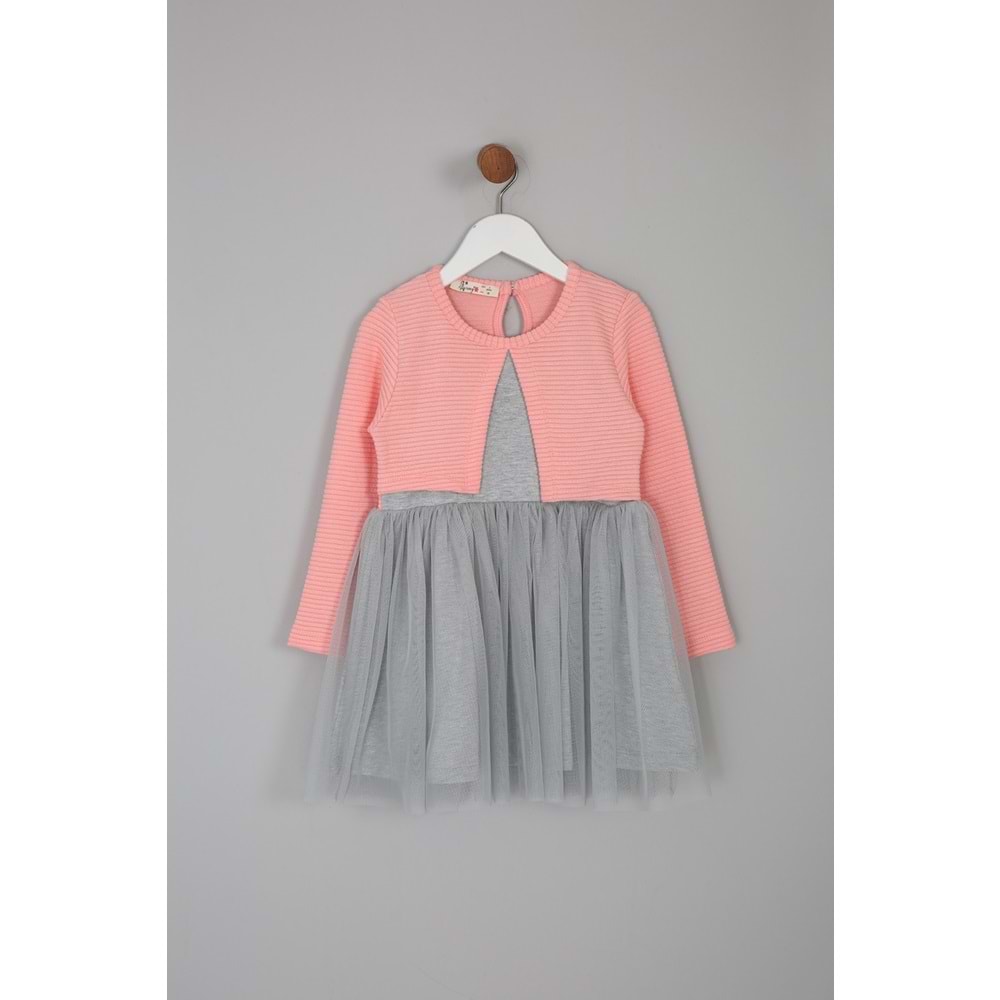 Kız Çocuk Elbise - Yavruağzı/Gri (98/122)