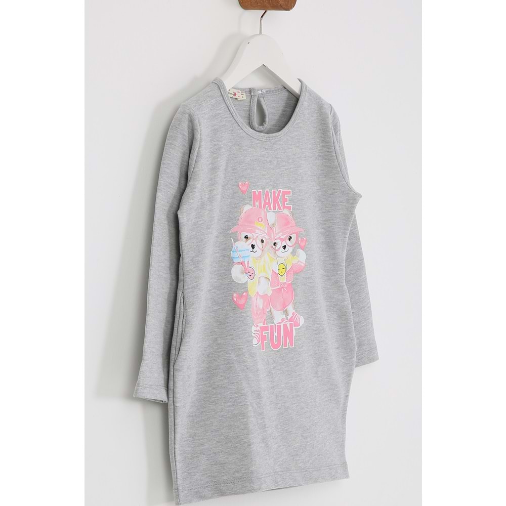 Kız Çocuk Elbise Make Fun Baskılı - Gri (98/122)