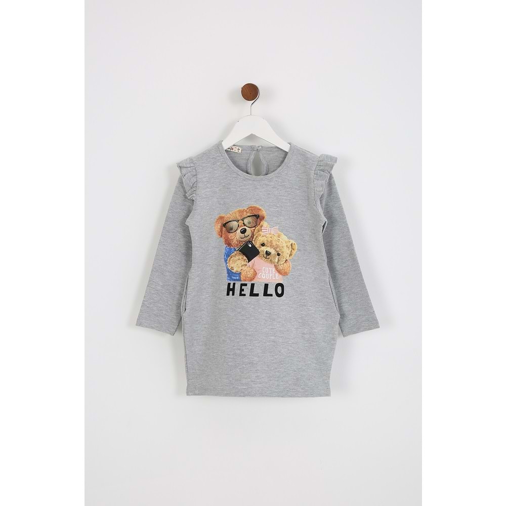 Kız Çocuk Elbise Hello Baskılı - Gri (98/122)