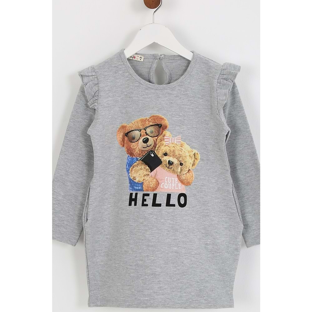 Kız Çocuk Elbise Hello Baskılı - Gri (98/122)