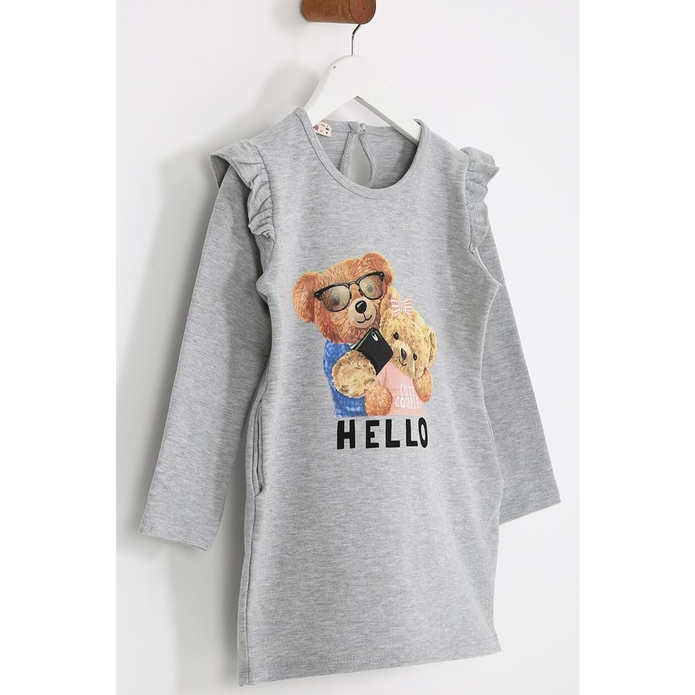 Kız Çocuk Elbise Hello Baskılı - Gri (98/122)