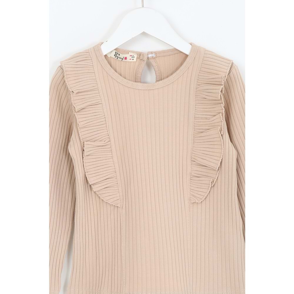 Kız Çocuk Tişört Parçalı Büzgülü - Sütlü Kahve (98/122)