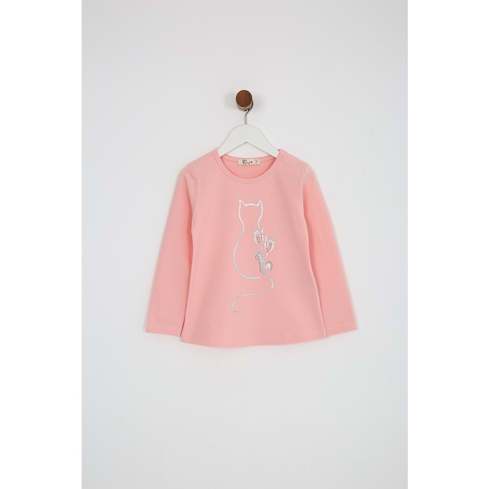 Kız Çocuk Tişört Kedi Baskılı - Yavruağzı (98/122)