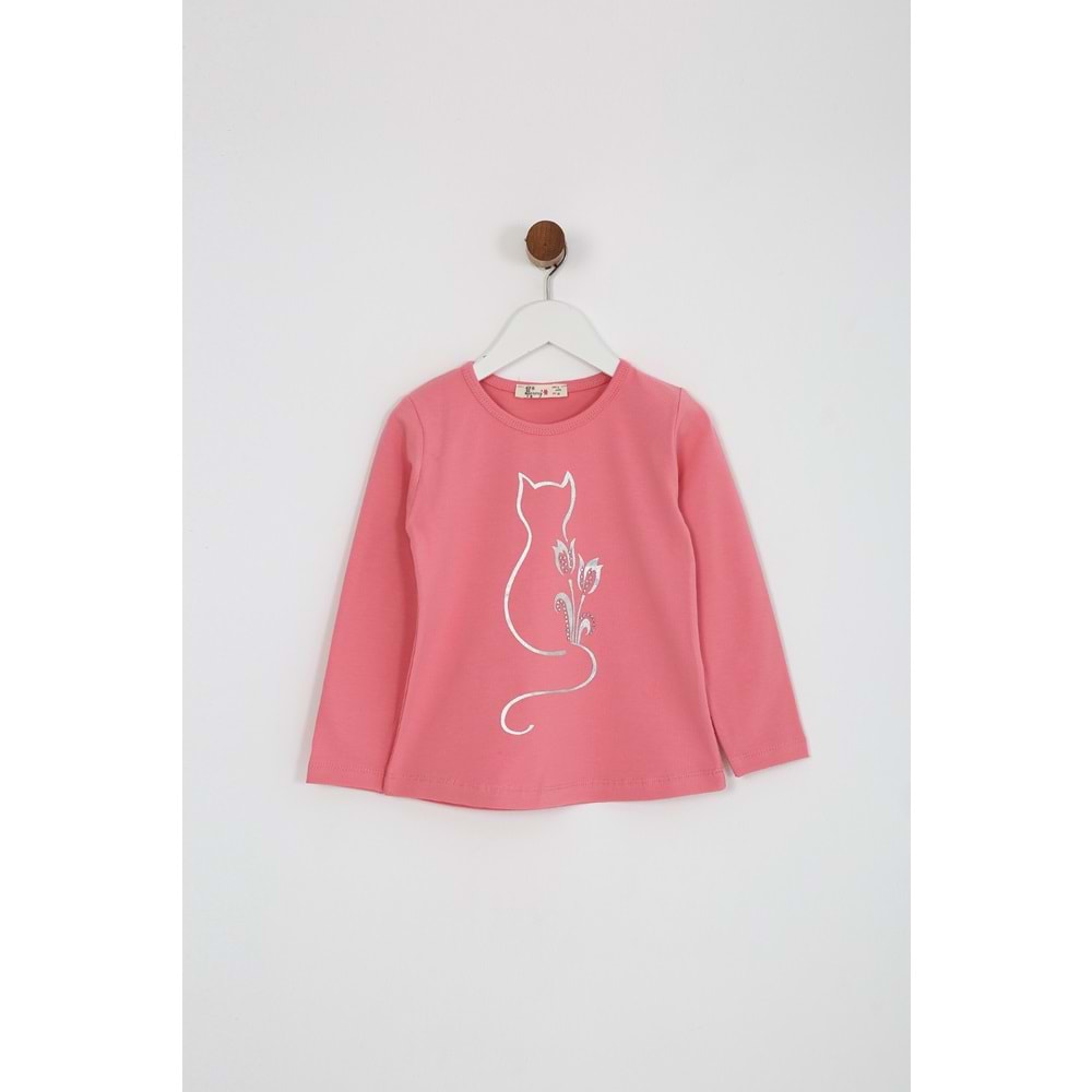 Kız Çocuk Tişört Kedi Baskılı - Şeker Pembe (98/122)