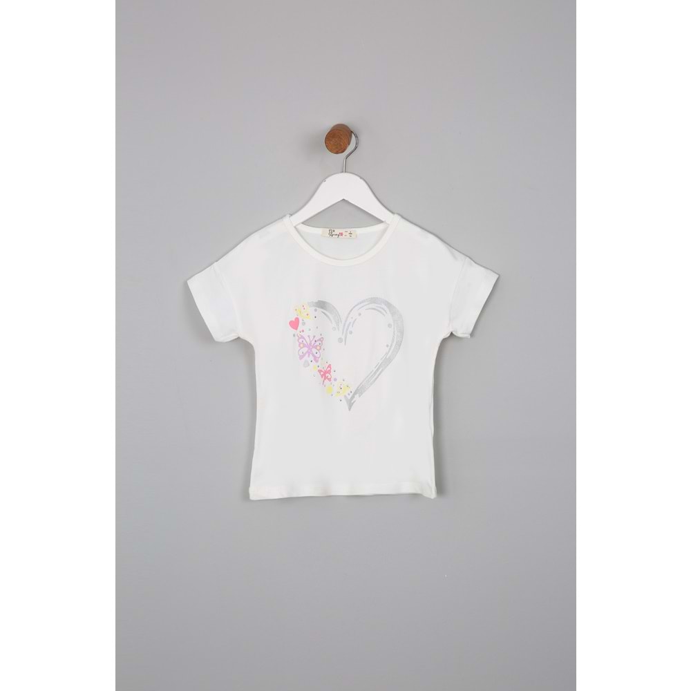 Kız Çocuk Tişört Kalp Baskılı - Krem (116/140)
