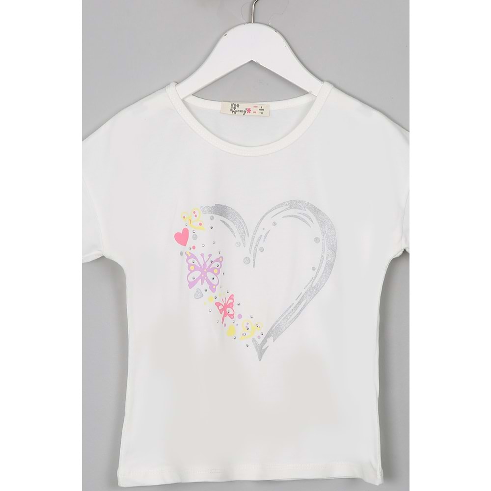 Kız Çocuk Tişört Kalp Baskılı - Krem (116/140)