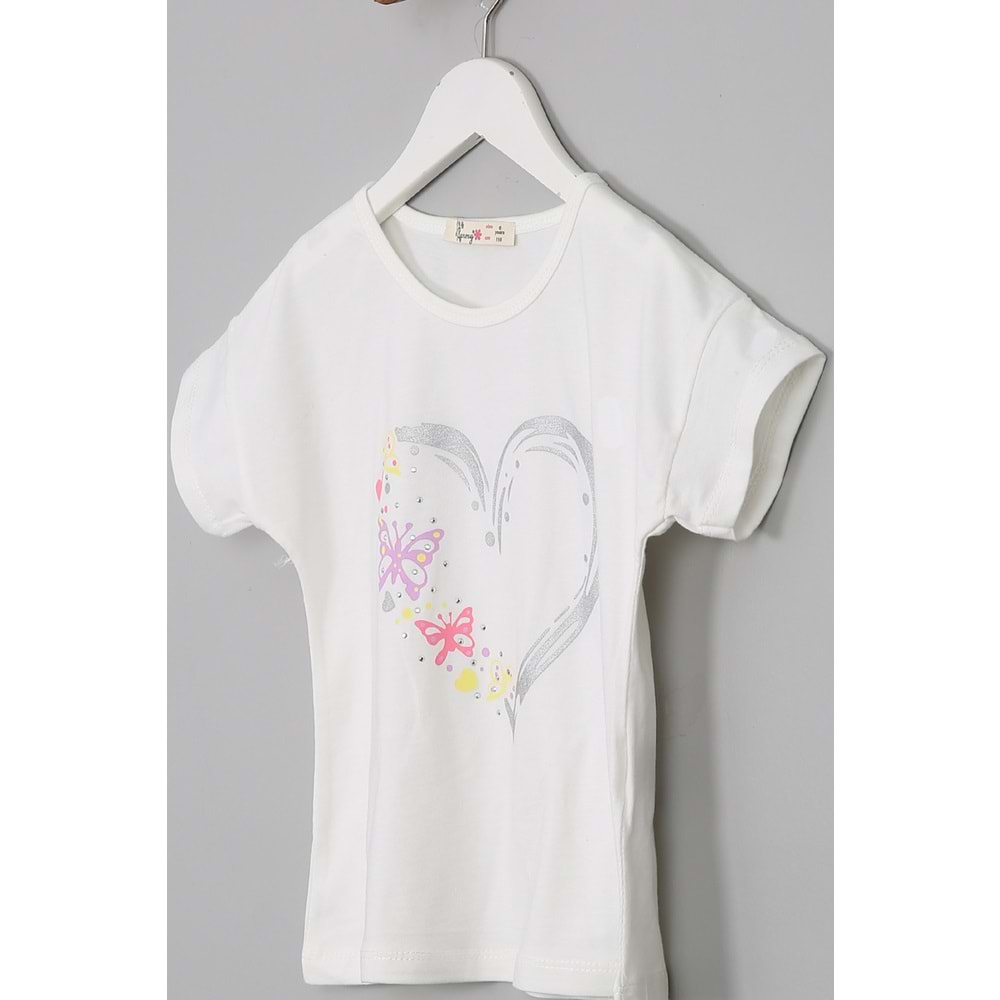 Kız Çocuk Tişört Kalp Baskılı - Krem (116/140)