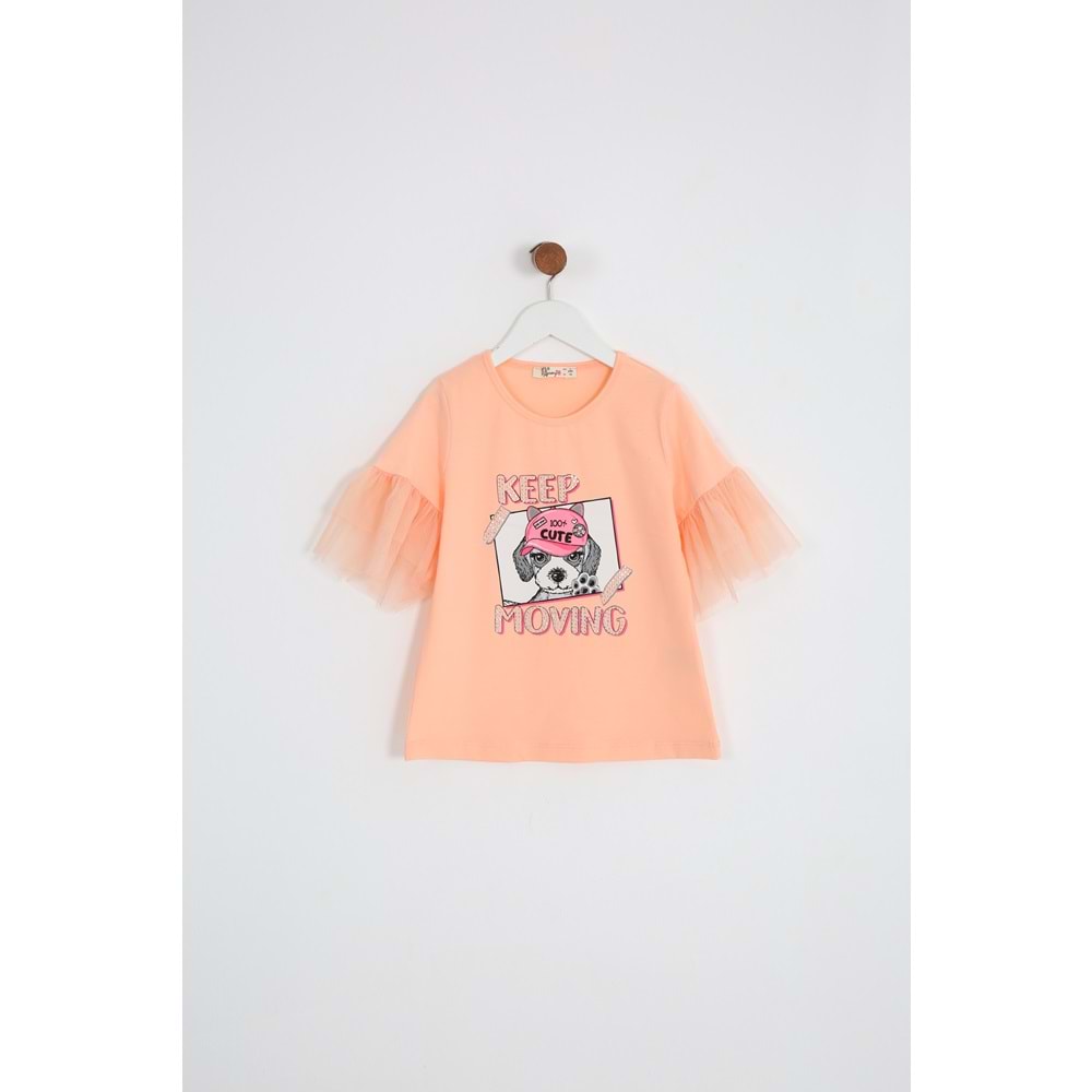 Kız Çocuk Tişört Şirin Köpek Baskılı - Yavruağzı (116-140)