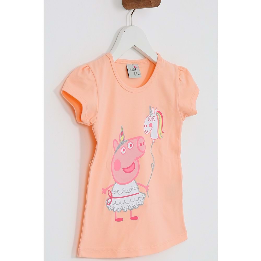 Kız Çocuk Tişört Domuz Baskılı - Yavruağzı (92/116)