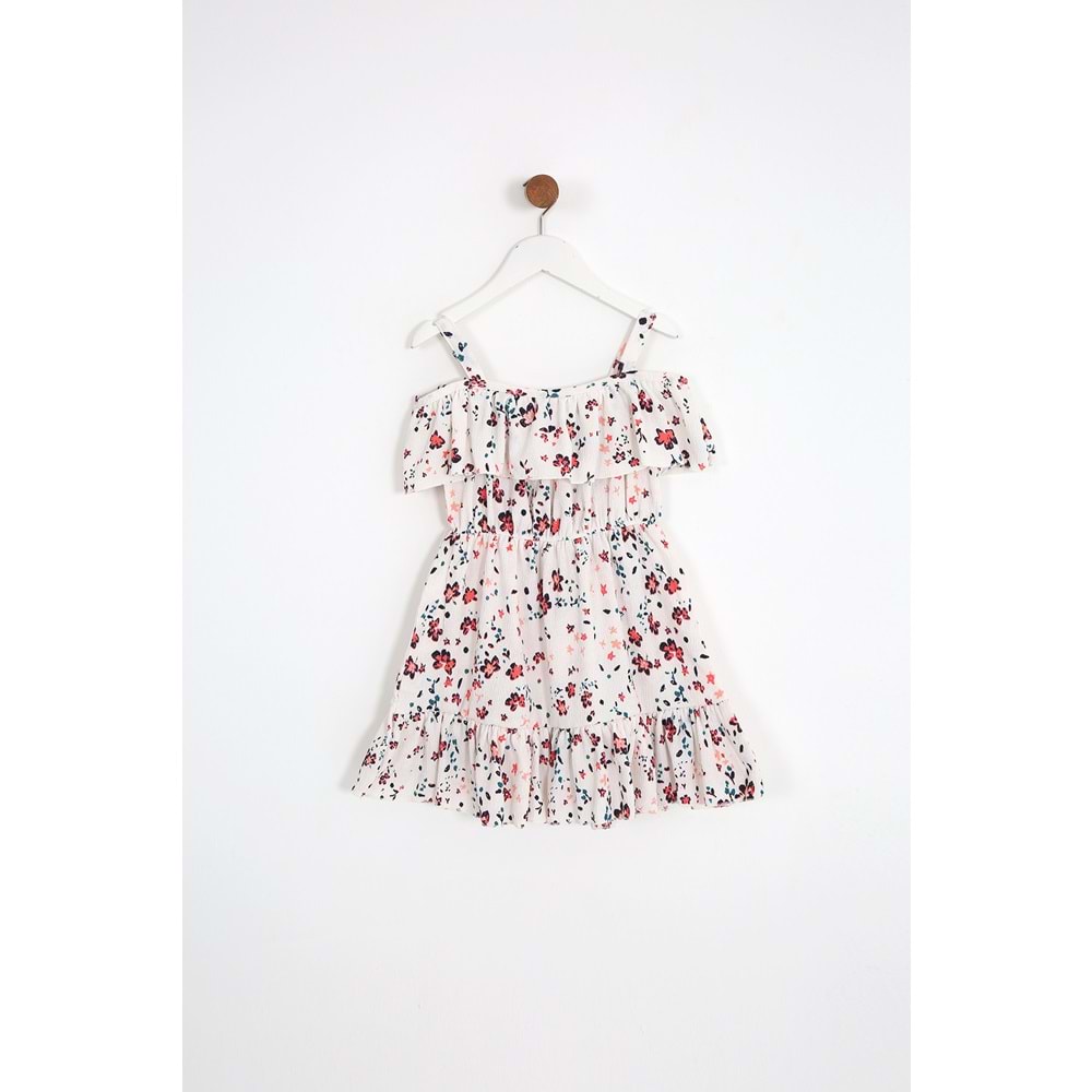 Kız Çocuk Elbise Çiçek Desenli - Krem (104-128)