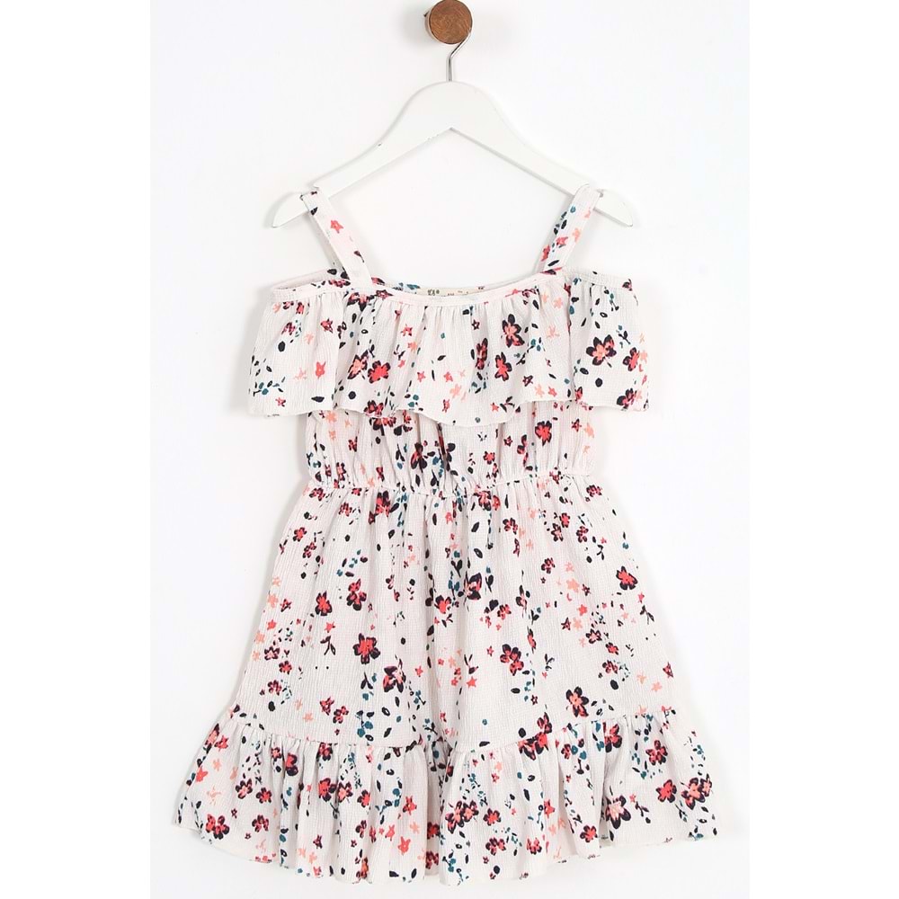 Kız Çocuk Elbise Çiçek Desenli - Krem (104-128)