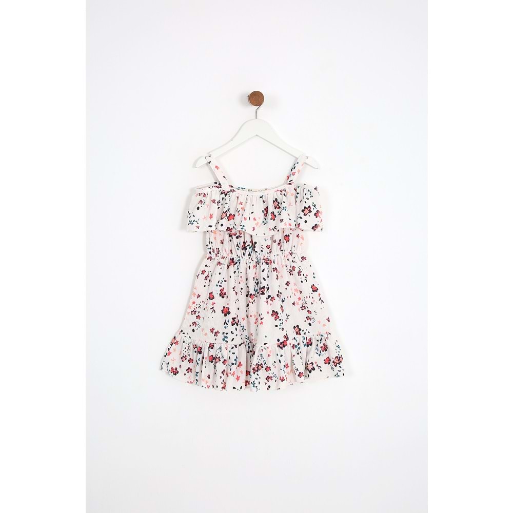 Kız Çocuk Elbise Çiçek Desenli - Krem (104-128)