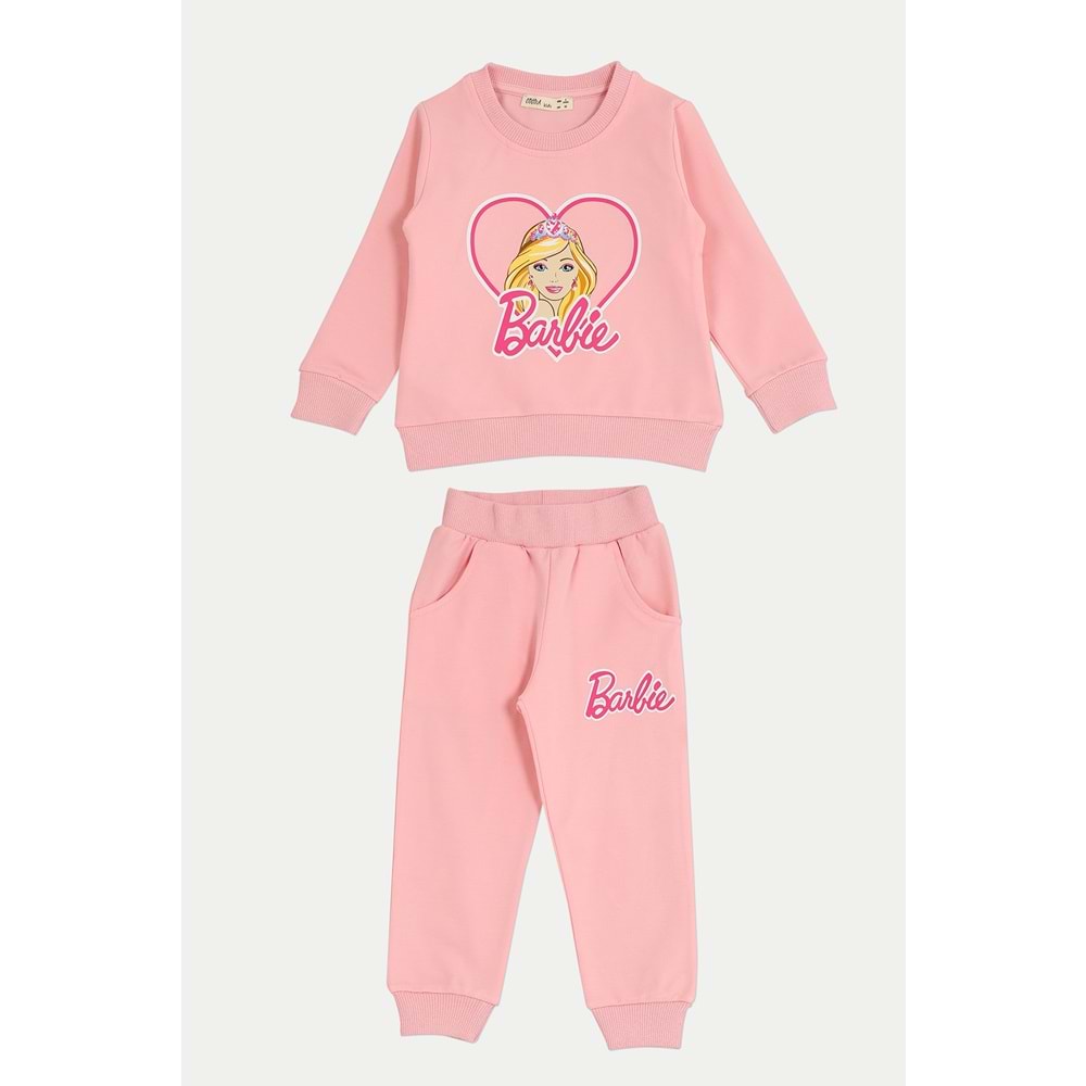 Kız Çocuk Sweat Takım Kalpli Barbie Baskılı - Yavruağzı (92/116)