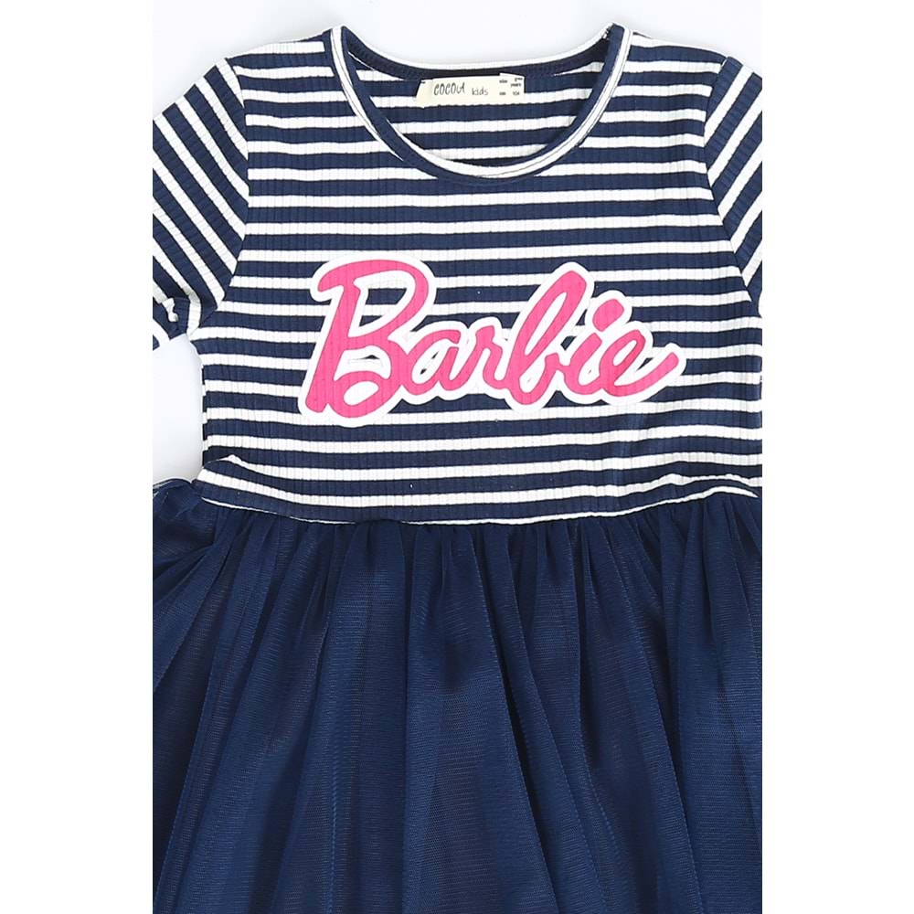 Kız Çocuk Elbise Çizgili Barbie Baskılı - Siyah (104/134)