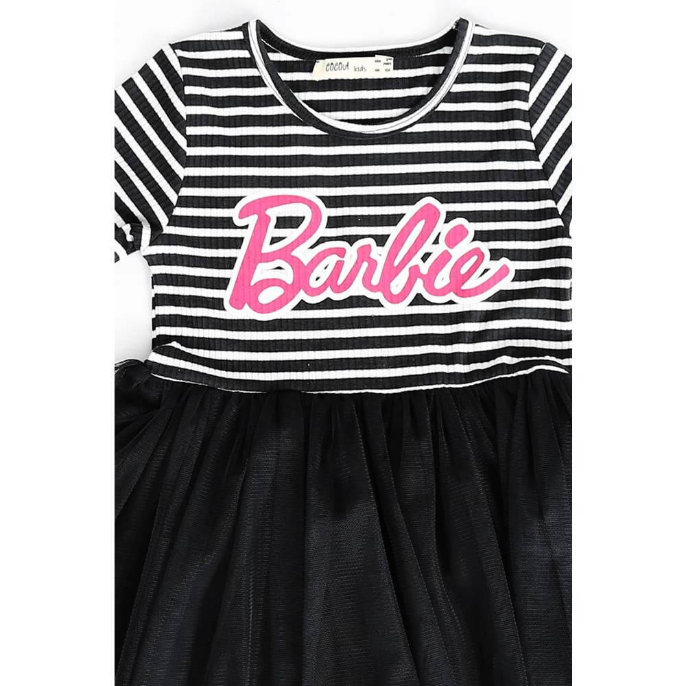 Kız Çocuk Elbise Çizgili Barbie Baskılı - Lacivert (104/134)