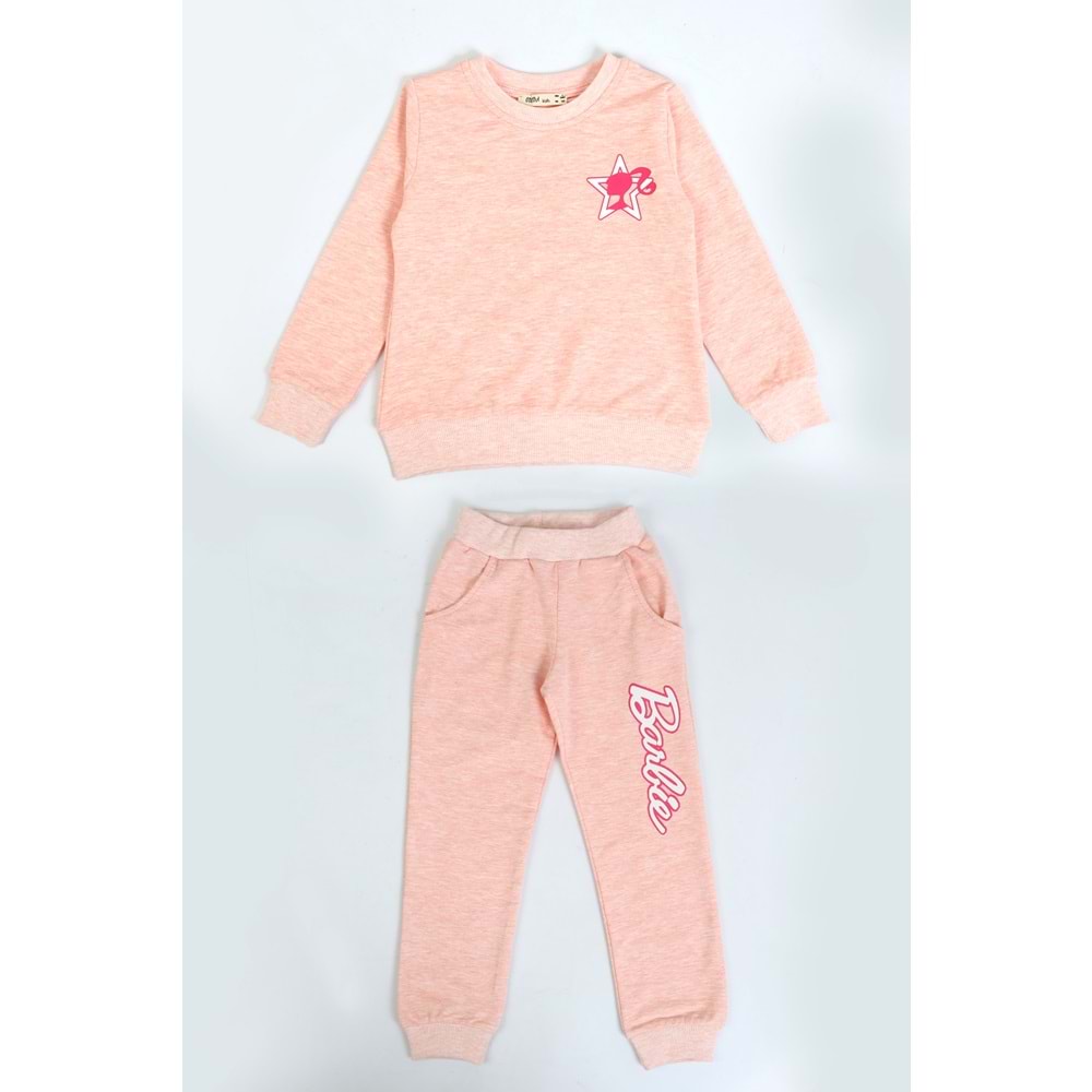 Kız Çocuk Sweat Takım Kalpli Barbie Baskılı - Pembe Melanj (104/134)