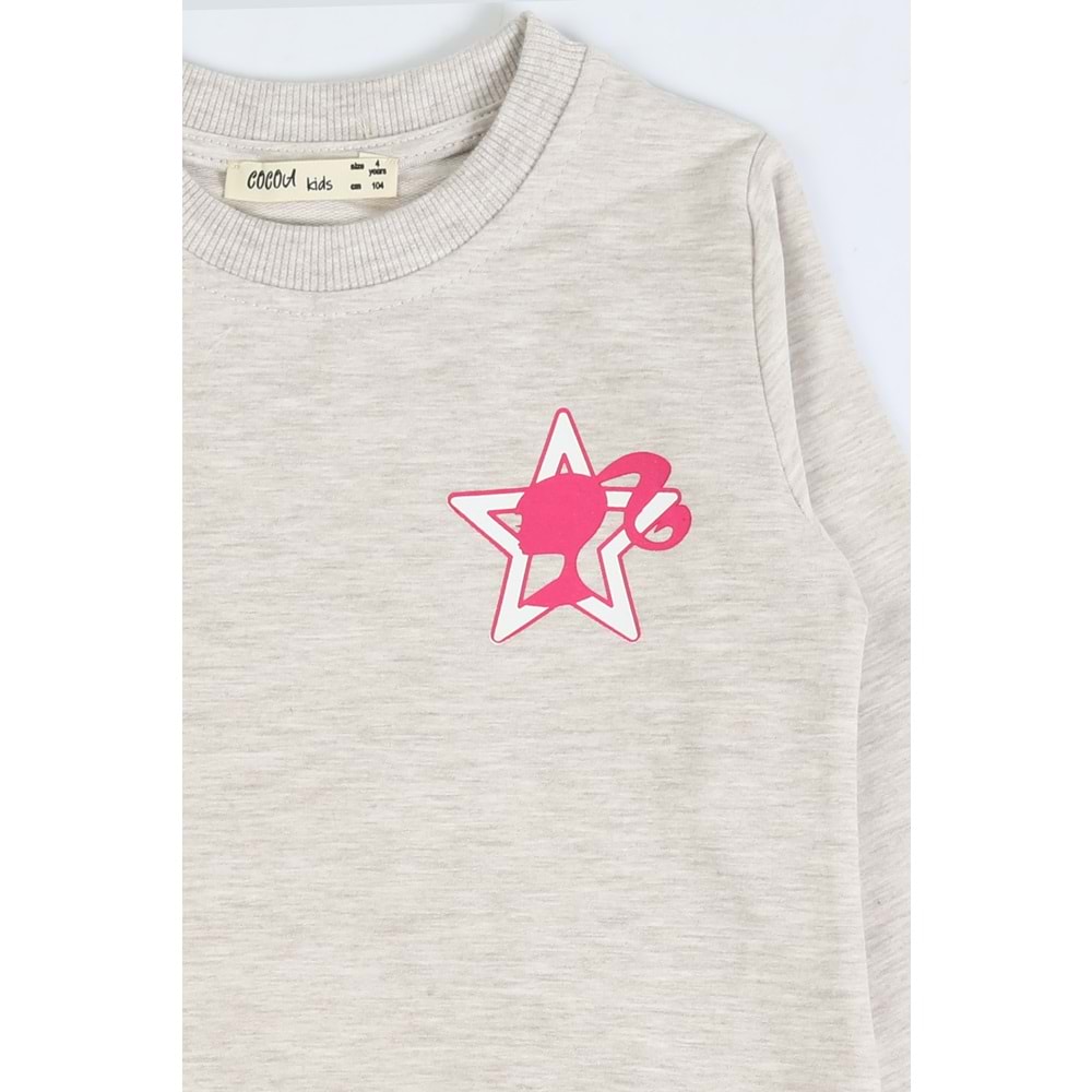 Kız Çocuk Sweat Takım Kalpli Barbie Baskılı - Kahve Melanj (104/134)