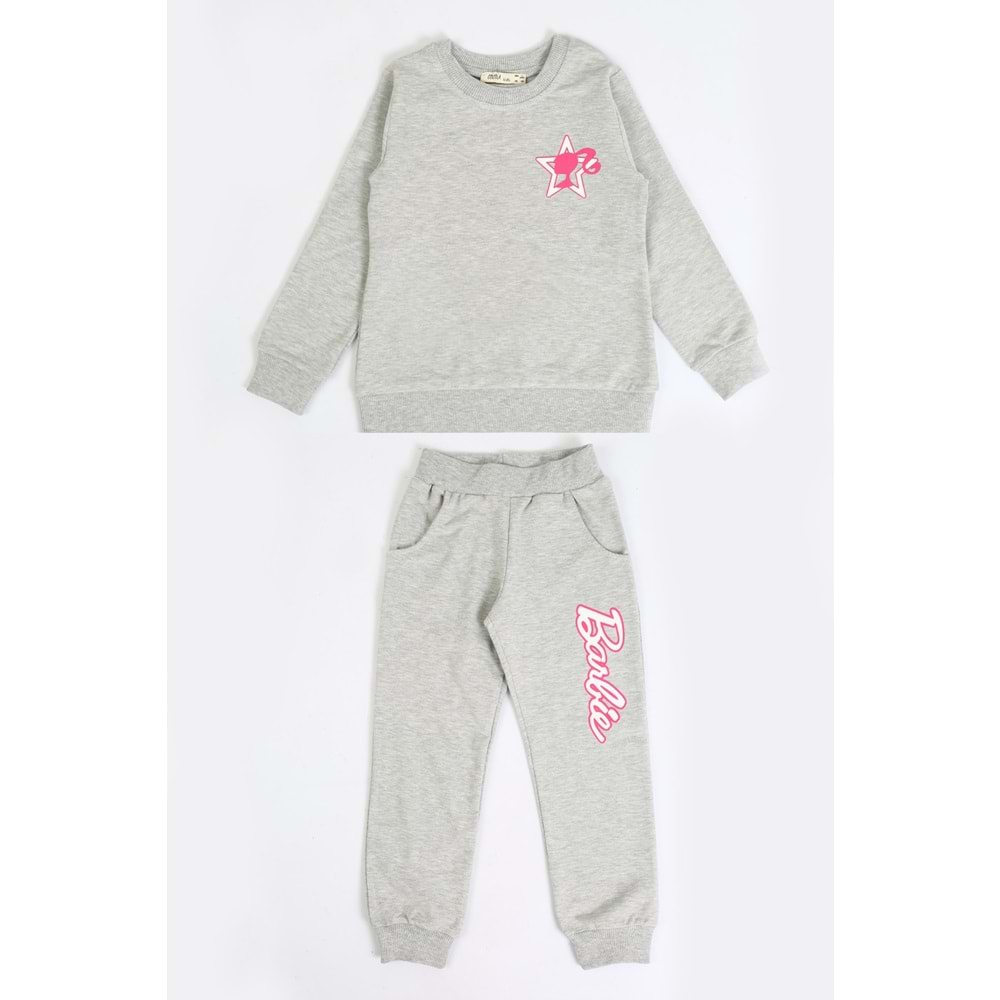 Kız Çocuk Sweat Takım Kalpli Barbie Baskılı - Gri (104/134)