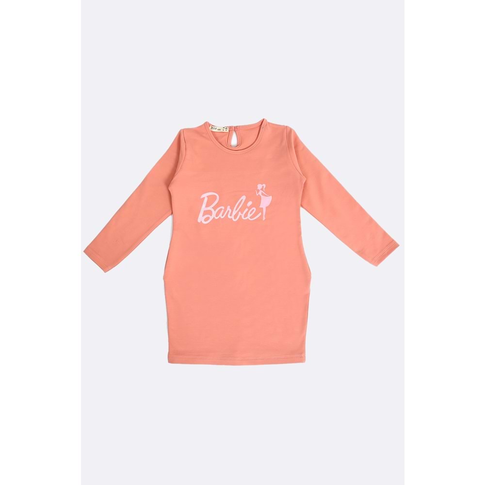 Kız Çocuk Elbise Barbie Baskılı - Gül Kurusu (116/140)