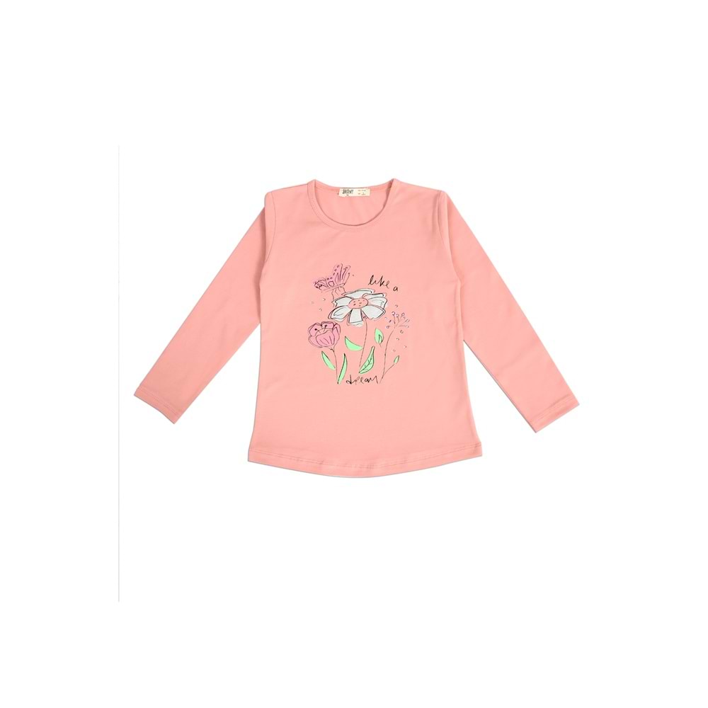 Kız Çocuk Tişört Çiçek Baskılı - Gül Kurusu (116/140)