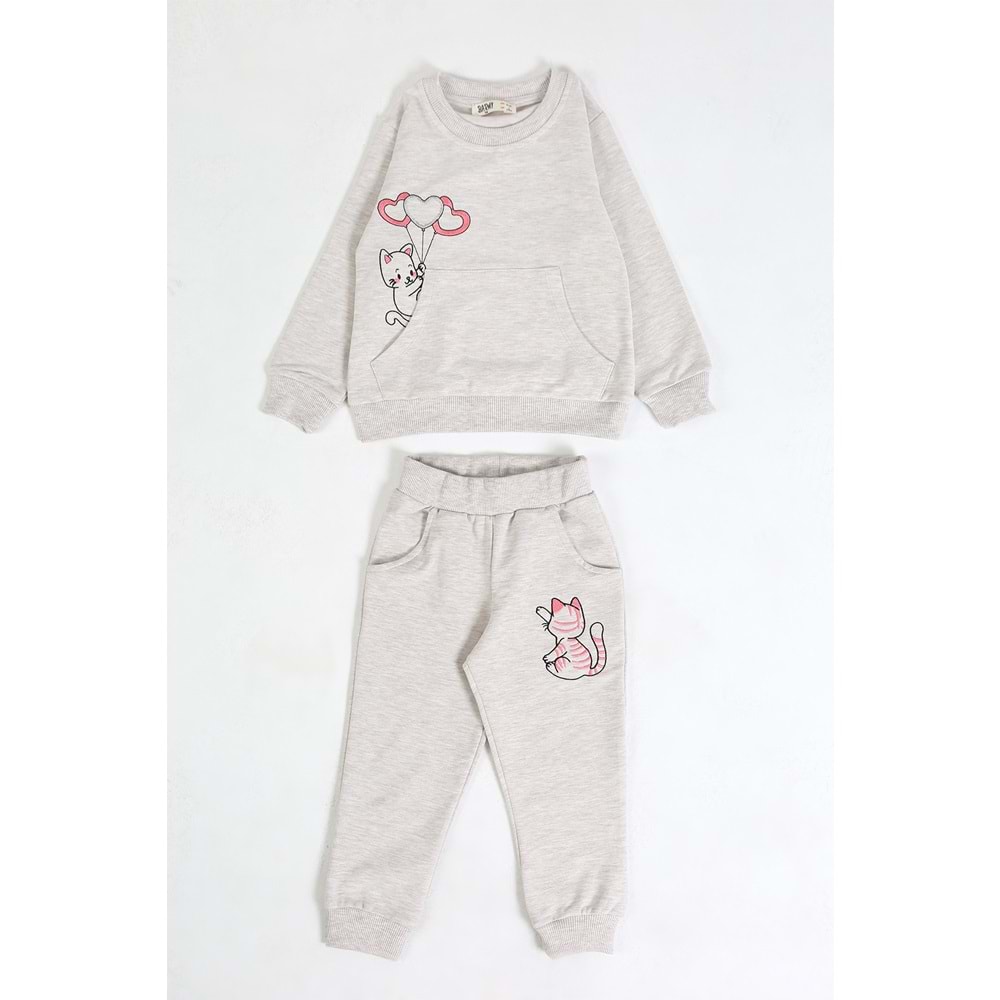 Kız Çocuk Sweat Takım Balonlu Kedi - Kahve Melanj (92/116)