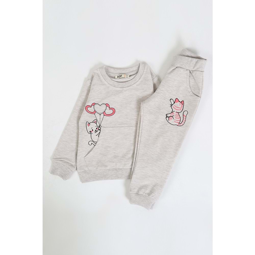 Kız Çocuk Sweat Takım Balonlu Kedi - Kahve Melanj (92/116)