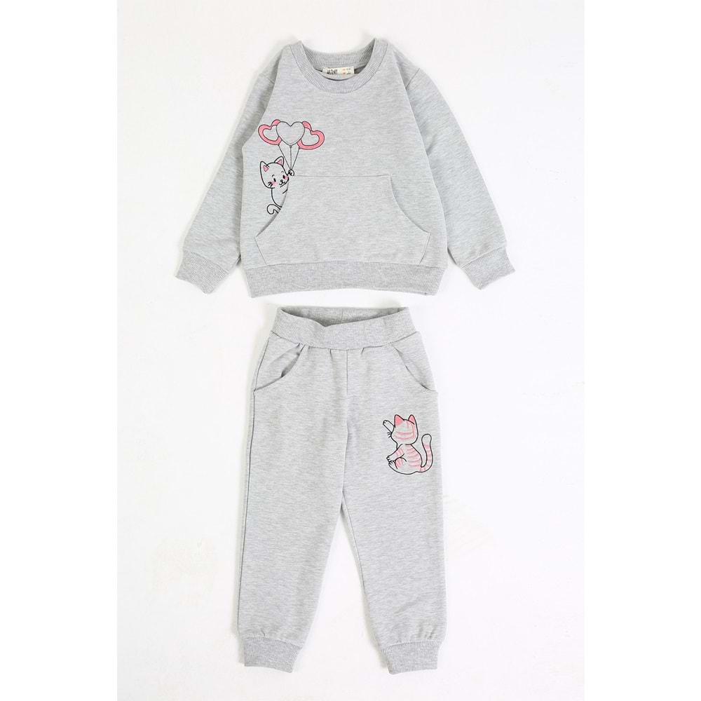 Kız Çocuk Sweat Takım Balonlu Kedi - Gri (92/116)