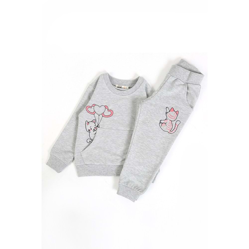 Kız Çocuk Sweat Takım Balonlu Kedi - Gri (92/116)