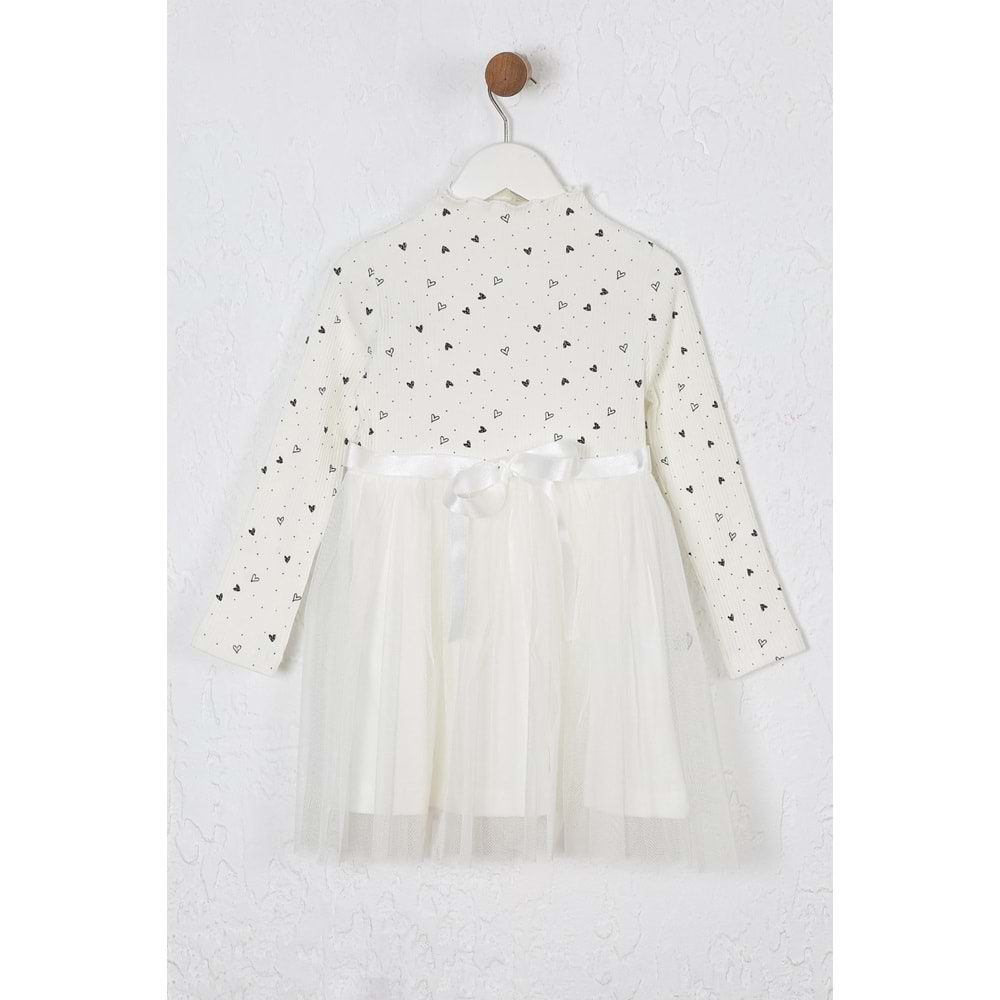 Kız Çocuk Elbise Desenli Kemerli - Krem (98/122)