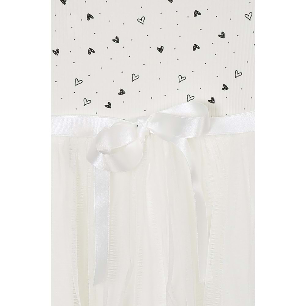 Kız Çocuk Elbise Desenli Kemerli - Krem (98/122)