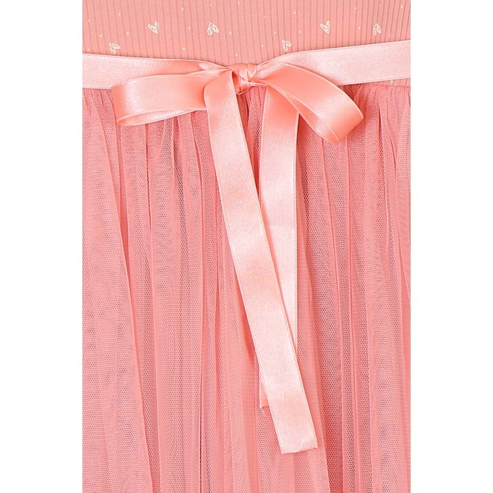 Kız Çocuk Elbise Desenli Kemerli - Gül Kurusu (98/122)