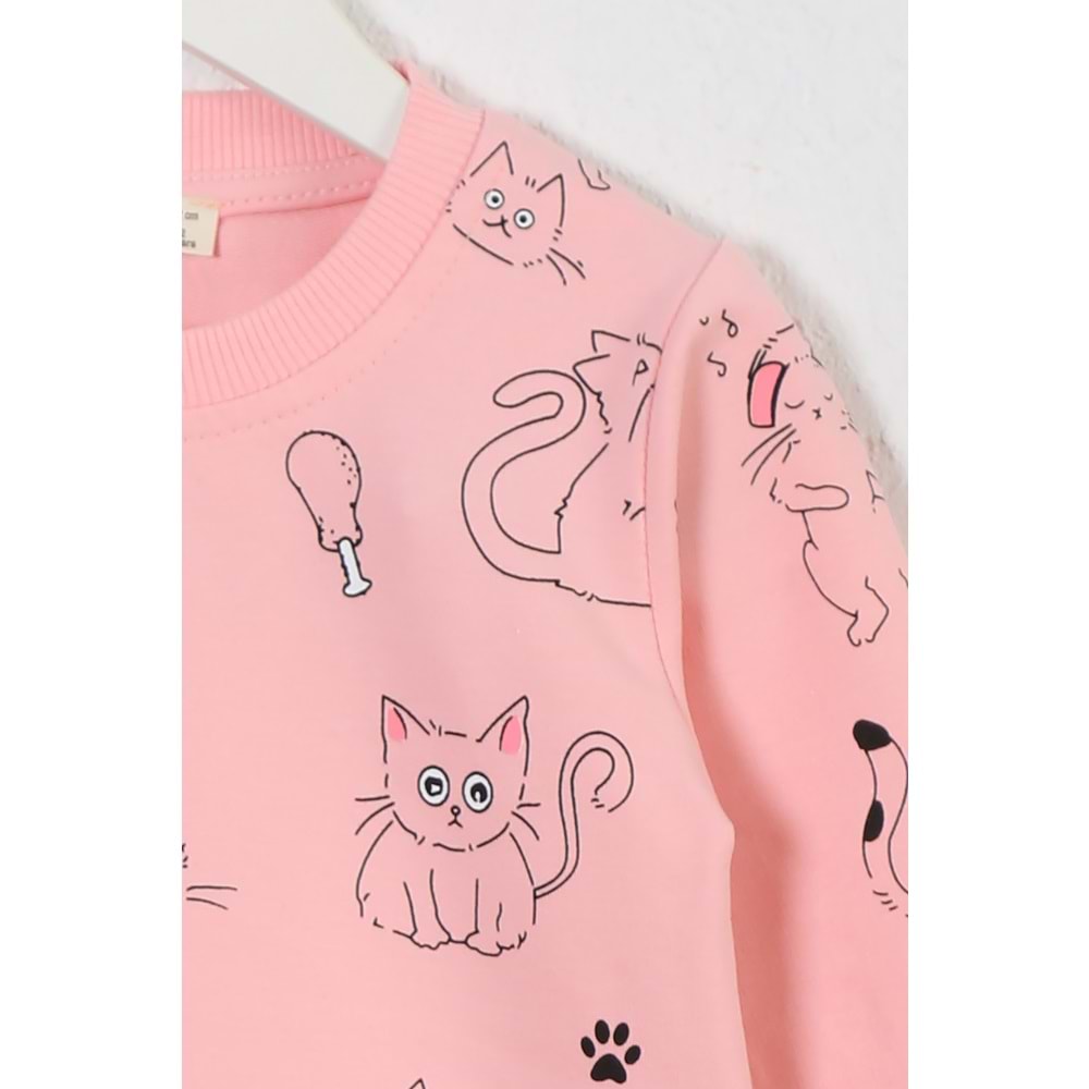 Kız Çocuk Sweat Takım Arkası Kedi Baskılı - Yavruağzı (92/116)