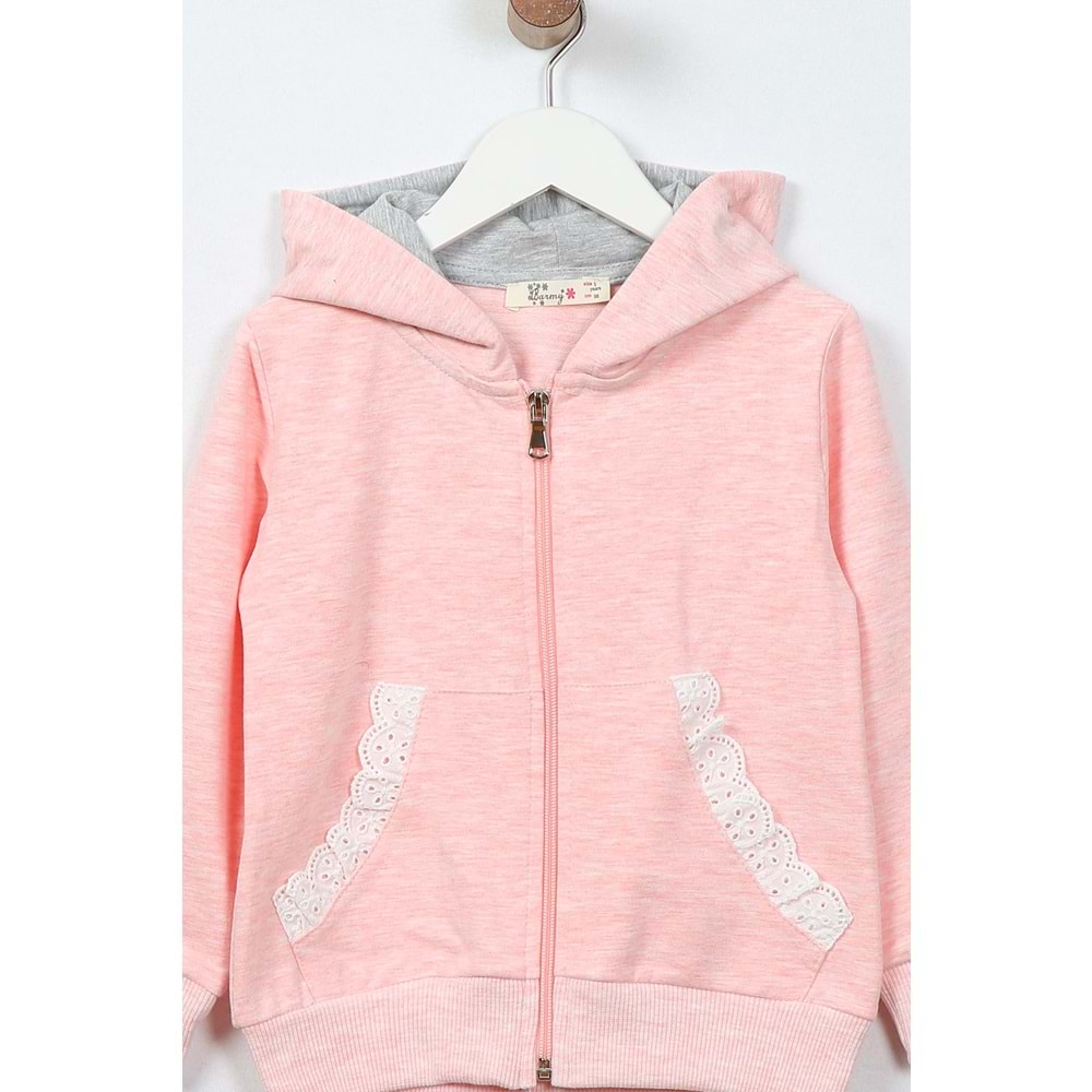 Kız Çocuk Hırka Dantelli Cep - Pembe Melanj (98/122)