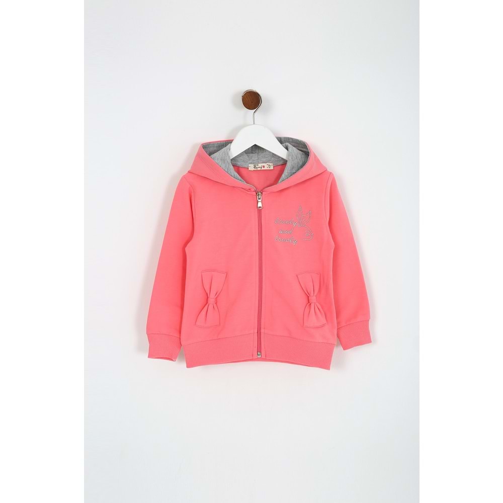 Kız Çocuk Hırka Yazılı Tavşan Baskılı - Şeker Pembe (98/122)