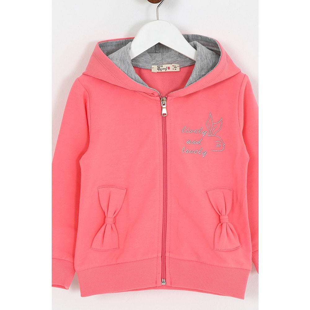 Kız Çocuk Hırka Yazılı Tavşan Baskılı - Şeker Pembe (98/122)