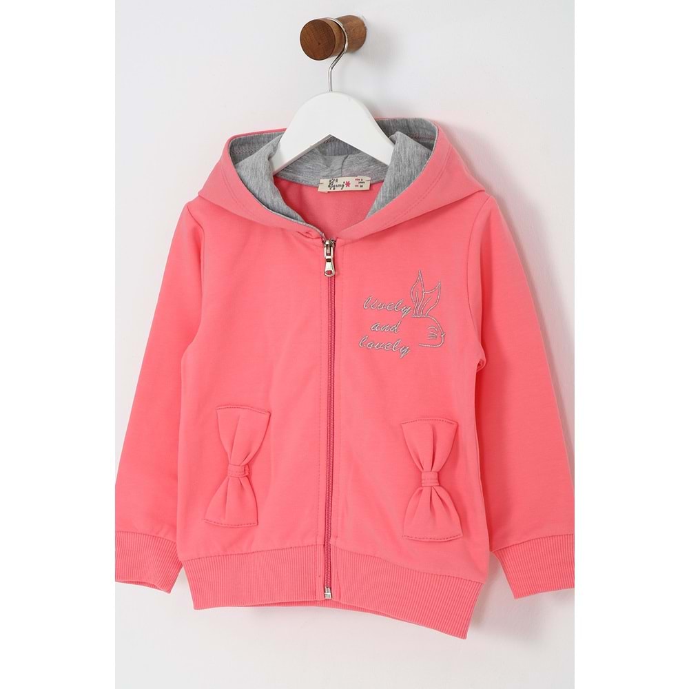 Kız Çocuk Hırka Yazılı Tavşan Baskılı - Şeker Pembe (98/122)