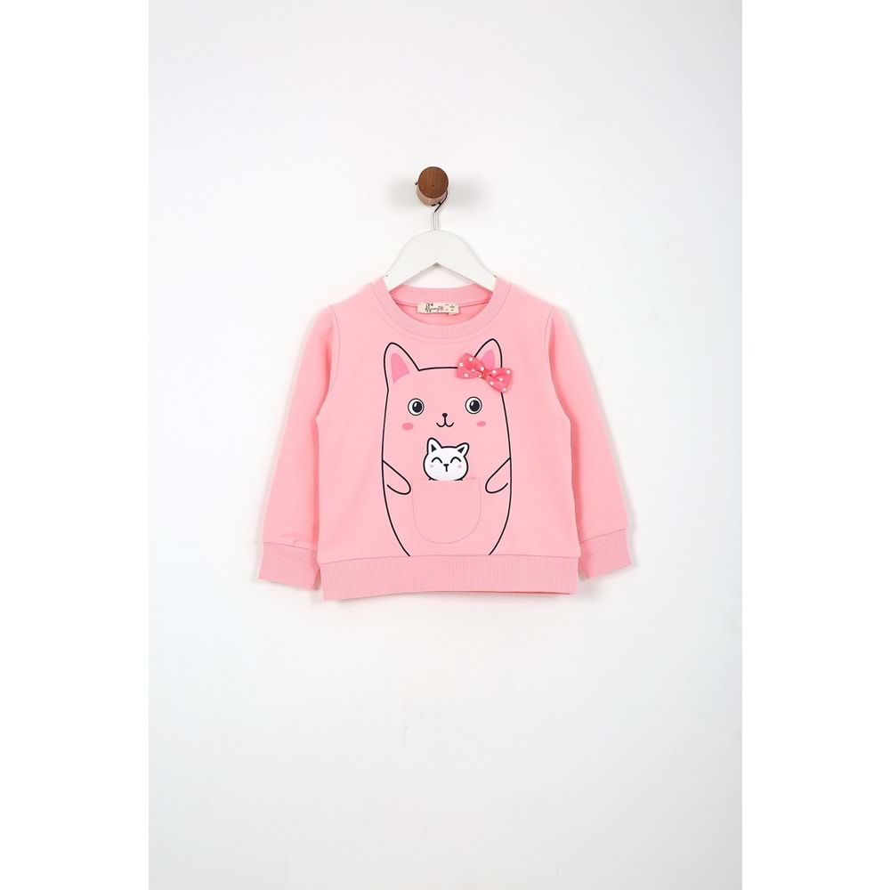 Kız Çocuk Tişört Minik Kedi Baskılı - Yavruağzı (92/116)