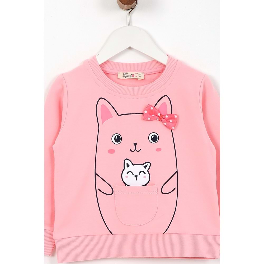 Kız Çocuk Tişört Minik Kedi Baskılı - Yavruağzı (92/116)