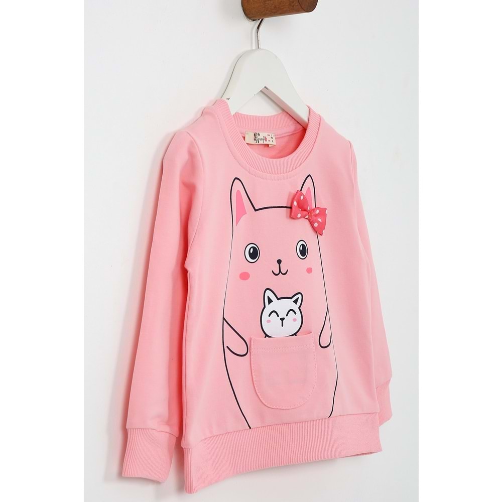 Kız Çocuk Tişört Minik Kedi Baskılı - Yavruağzı (92/116)