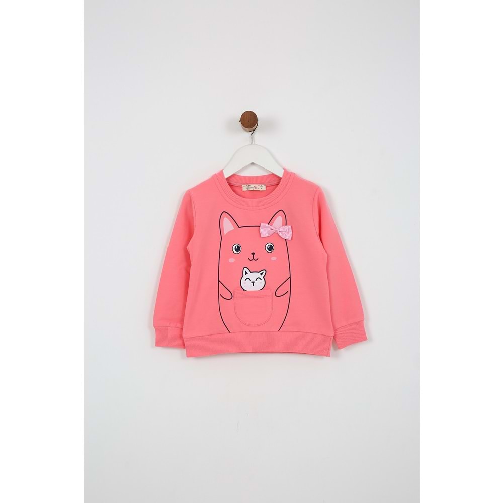 Kız Çocuk Tişört Minik Kedi Baskılı - Şeker Pembe (92/116)