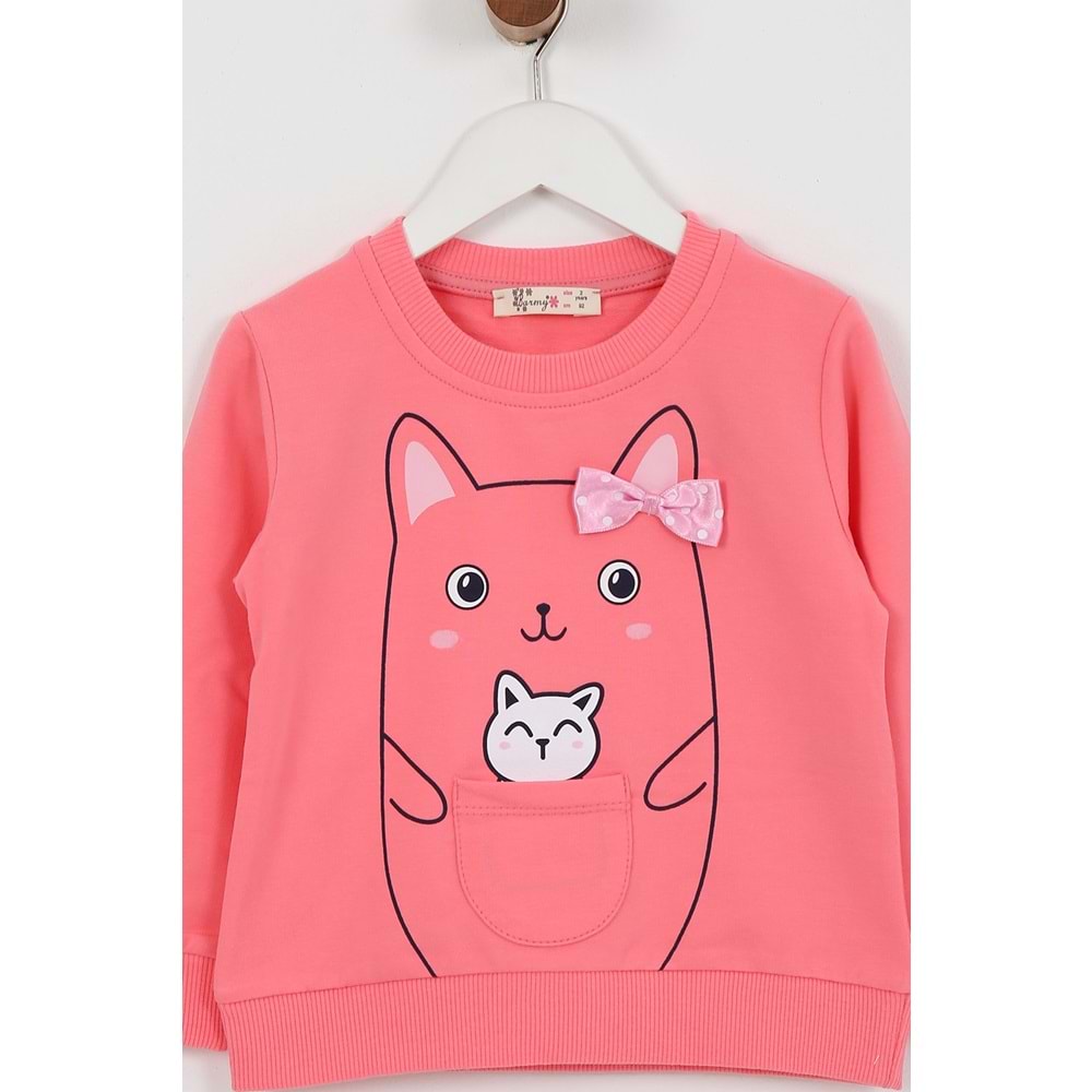 Kız Çocuk Tişört Minik Kedi Baskılı - Şeker Pembe (92/116)