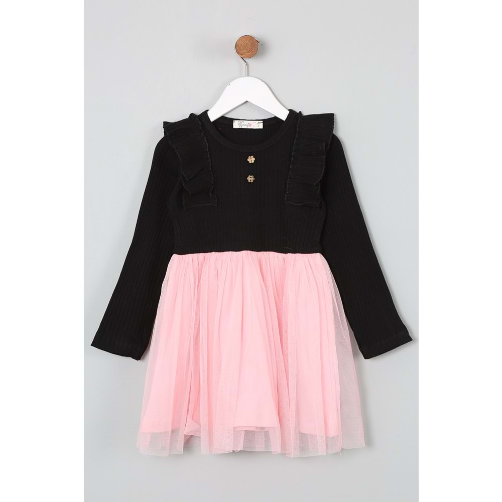 Kız Çocuk Elbise Ahşap Düğmeli - Bebe Pembe (98/122)