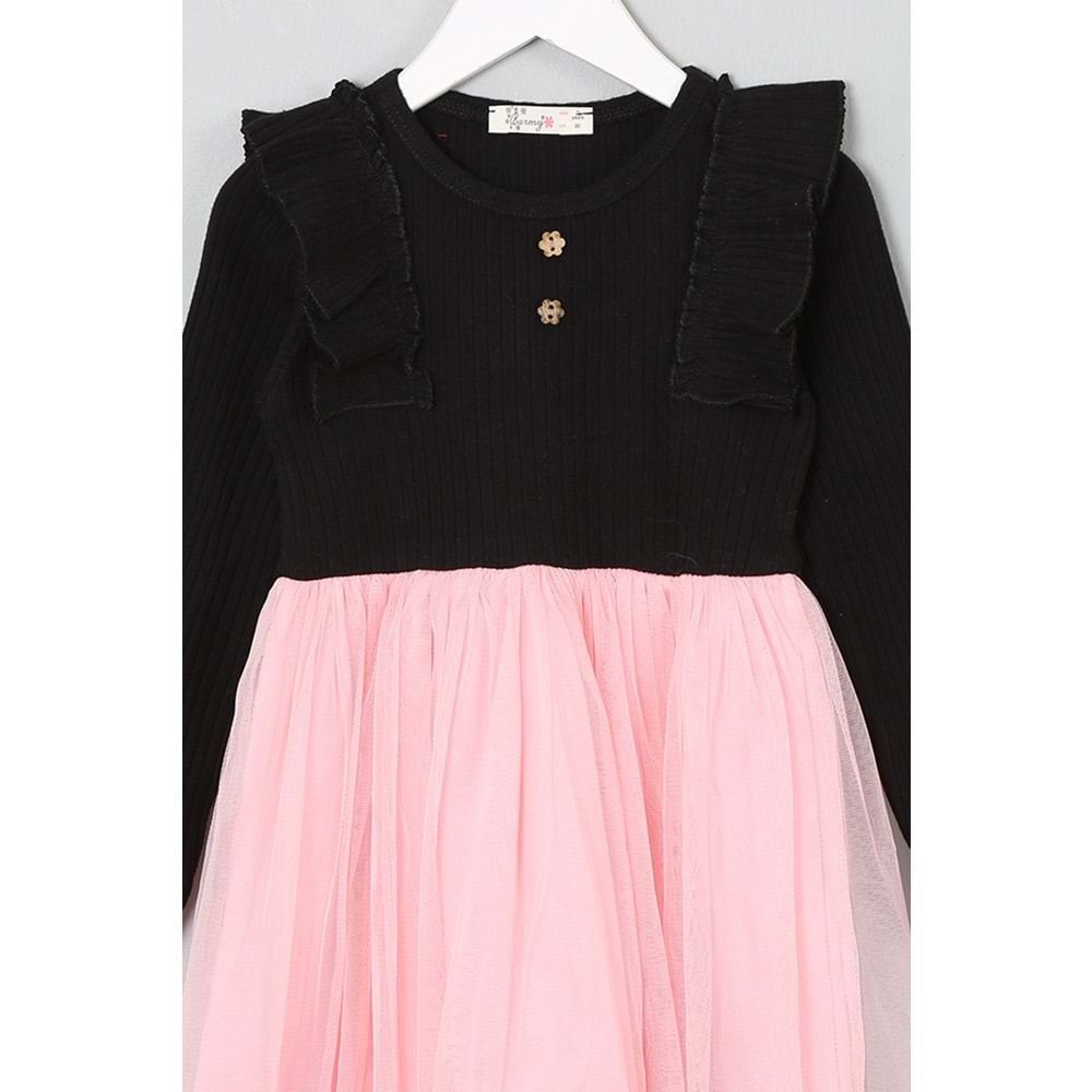 Kız Çocuk Elbise Ahşap Düğmeli - Bebe Pembe (98/122)