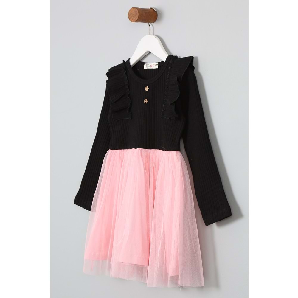 Kız Çocuk Elbise Ahşap Düğmeli - Bebe Pembe (98/122)